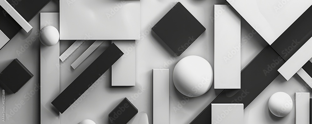Black and white banner with illustration of different geometric shapes as background Black and white banner with illustration of different geometric shapes as background