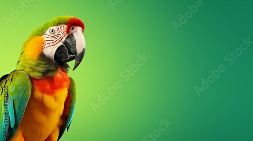 A colorful macaw parrot stands out against a simple green backdrop, emphasizing its rainbow of feathers and striking profile