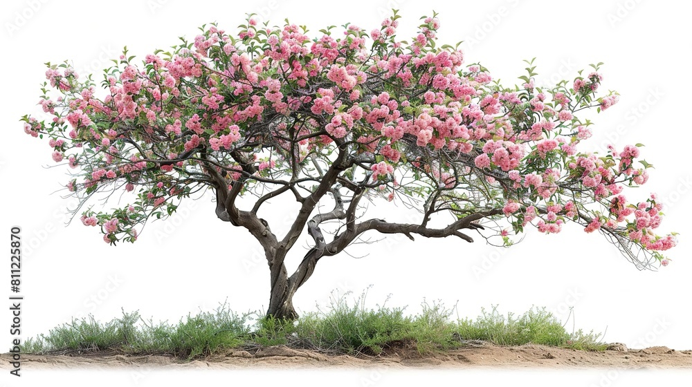 A large, blossoming pink tree is isolated on a white background