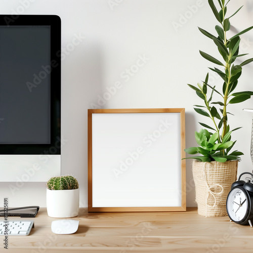 there is a computer monitor and a plant on a desk
