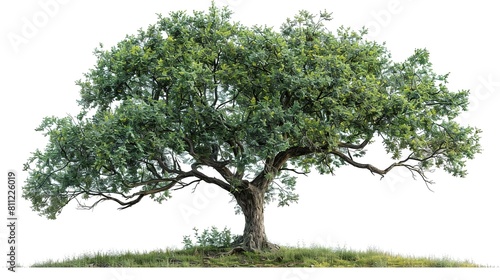 A large  majestic oak tree stands alone in a field. Its branches are bare  and its leaves are a deep green. The tree is surrounded by tall grass.