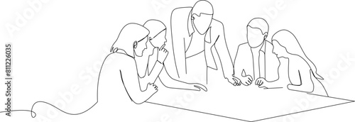 Illustration of business people working together in the office. One line art style