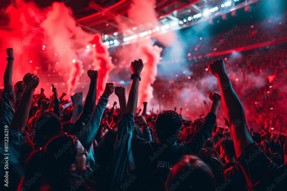 A lively crowd of people at a concert, cheering and raising their hands in excitement and support, A group of fans cheering and chanting in support of their team A lively crowd of people at a concert, cheering and raising their hands in excitement and support, A group of fans cheering and chanting in support of their team