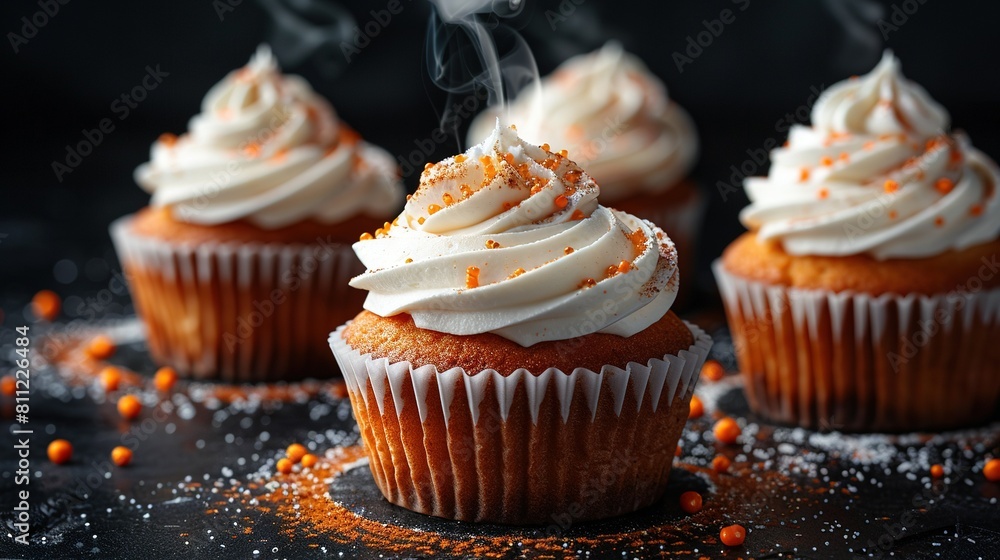 Three cupcakes with white frosting and orange sprinkles on a black surface are smoking Three cupcakes with white frosting and orange sprinkles on a black surface are smoking