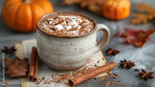   A book with a cup of hot chocolate, marshmallows, and cinnamon next to pumpkins and cinnamon sticks