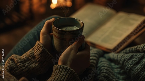 The close up picture of the person is holding the cup of the coffee by their own hand to relax inside the living room for the relaxation near the window that has been shine with the sunlight. AIG43.