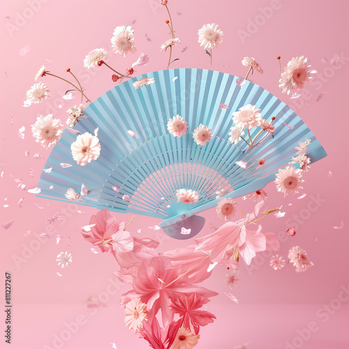 Fan  vase  flowers  colors are sky blue and soft pink