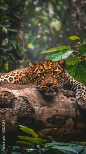 majestic jaguar resting on a log in its natural jungle habitat with a watchful gaze