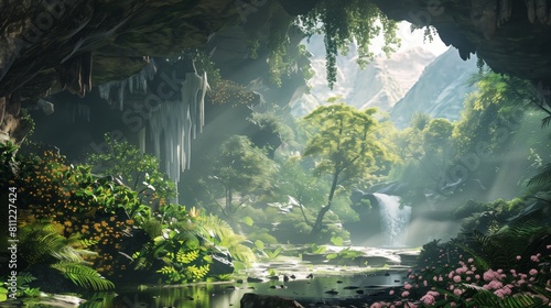 secluded jungle waterfall with lush greenery and sunlight filtering through a serene tropical cave