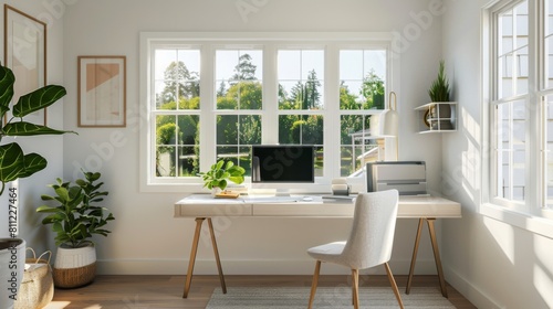 A stylish home office with minimalist decor  showcasing a sleek desk  ergonomic chair  and ample natural light for productivity.