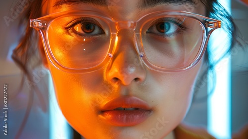 closeup portrait of a woman with glasses under neon lights in vibrant colors