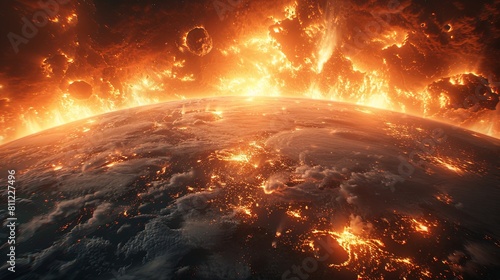Apocalyptic Vision of Earth with Fiery Astroids and Global Catastrophe in Stunning 3D Illustration © AS Photo Family