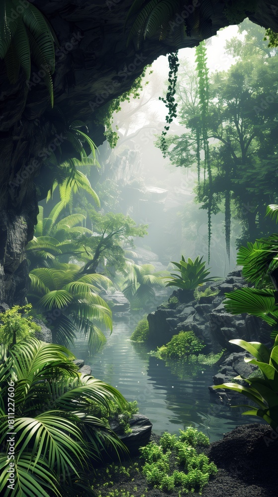 serene tropical jungle river flowing through a mystical cave with lush greenery and light
