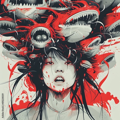 Animeinfluenced Character Design Asian Girl Radiating a Haunting Otherworldly Aura adorned with Multiple Eyes and Mouths Amidst a Swarm of photo