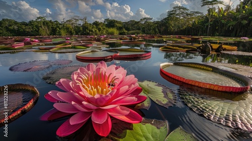 In the Amazon rainforest of Brazil the stunning Victoria amazonica blooms a vibrant pink on its second day of flowering in the Nymphaeaceae family photo
