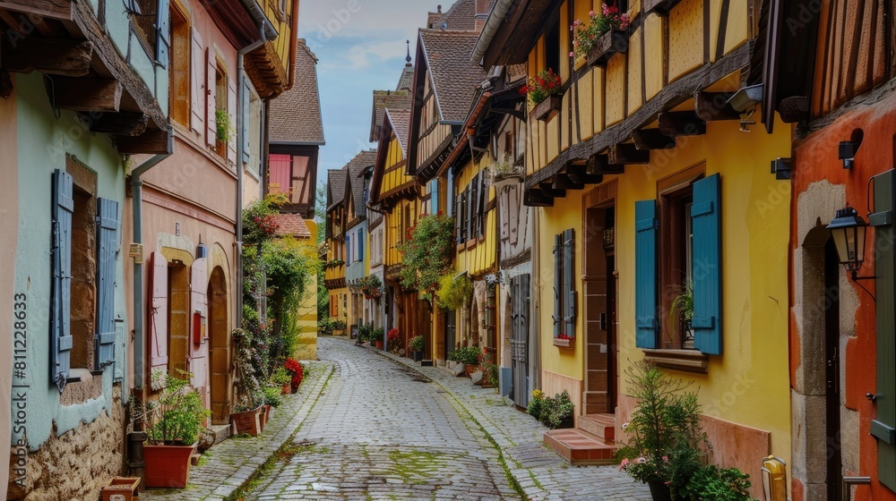 Fototapeta premium The charming old medieval street is lined with vibrant colorful houses