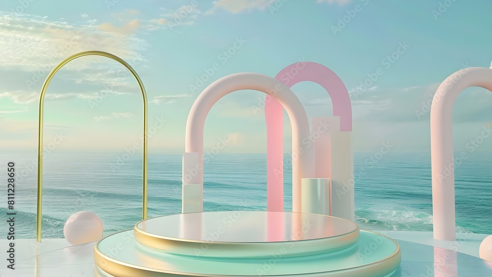 3D podium with ocean view gold gate and pastel background for product promotion. Concept Product Promotion, 3D Design, Ocean View, Gold Gate, Pastel Background 3D podium with ocean view gold gate and pastel background for product promotion. Concept Product Promotion, 3D Design, Ocean View, Gold Gate, Pastel Background