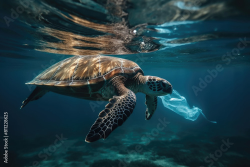 A turtle seen swimming in the ocean while holding a plastic bag in its mouth, highlighting the detrimental effects of pollution on marine life
