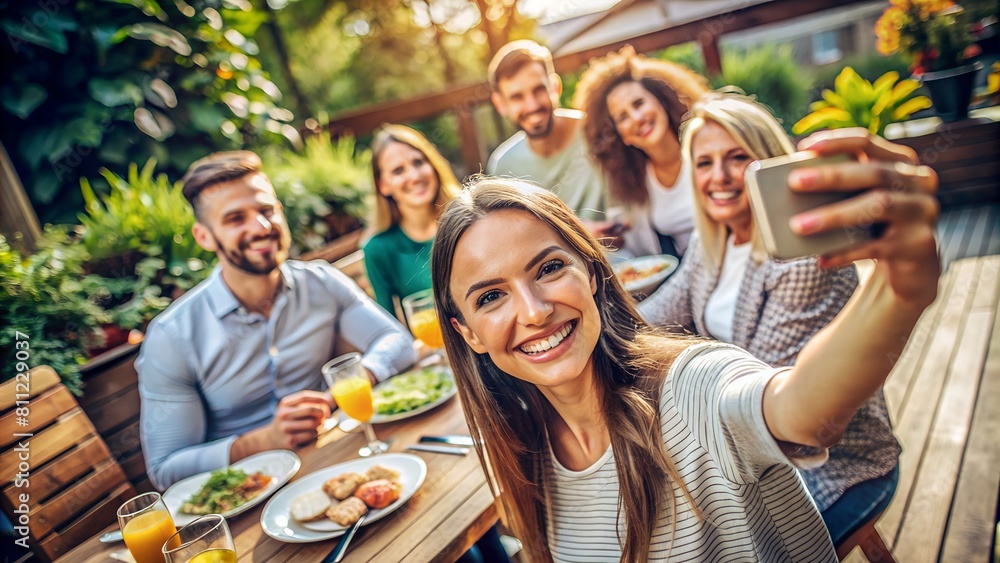 Fototapeta premium Happy Woman Taking Selfie with Friends at Lunch Party on Patio: Vibrant Social Gathering