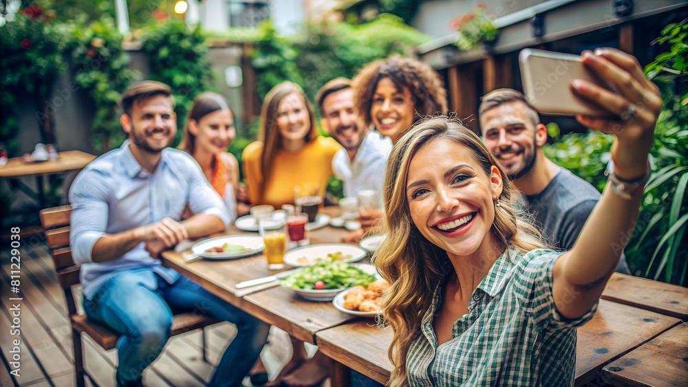Happy Woman Taking Selfie with Friends at Lunch Party on Patio - Joyful Social Gathering