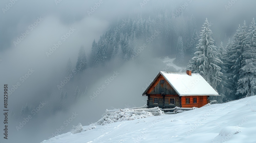 Serene Winter Morning at a Secluded Mountain Cabin Surrounded by Snow and Fog