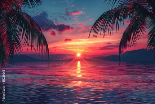 Breathtaking Sunset Over Tropical Ocean Surrounded by Silhouetted Palm Trees photo