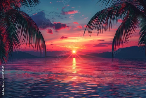 Fototapeta Naklejka Na Ścianę i Meble -  Breathtaking Sunset Over Tropical Ocean Surrounded by Silhouetted Palm Trees