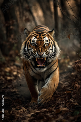 A tiger is shown running through dense woods with its mouth open