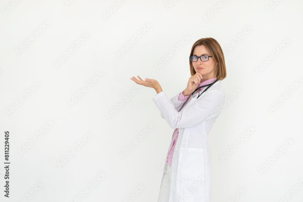 Female doctor standing and pointing on free space isolated on white background Female doctor standing and pointing on free space isolated on white background