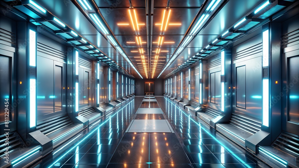 Fototapeta premium Modern 3D Room with White Abstract Background: Futuristic Neon Light Tunnel and Silver Stage
