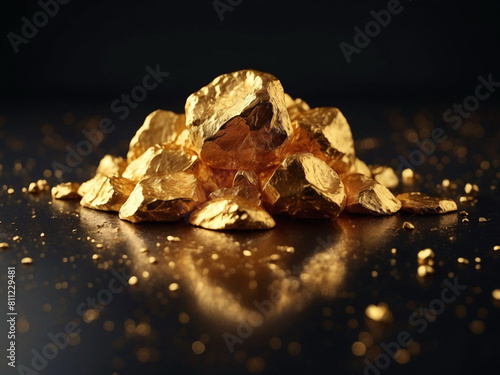 A heap of gold, a pile of raw gold stones. Golden nuggets. Golden stone on a black background. Financial banking business concept. The price of gold is rising, trading.