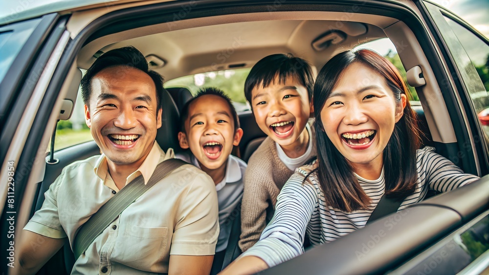 Asian Family of Four Traveling in Modern Car, Enjoying Vacation Together Asian Family of Four Traveling in Modern Car, Enjoying Vacation Together