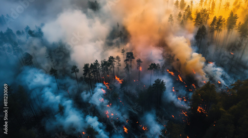 araffe burning in the forest with smoke and trees in the background