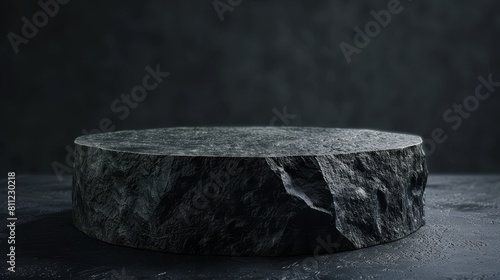 High-quality photo of a black stone pedestal on a dark background, ideal for a dramatic product display