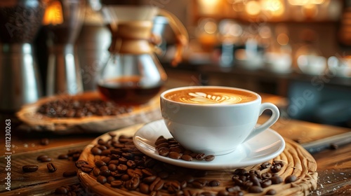 Coffee cup and beans on a wooden table. photo