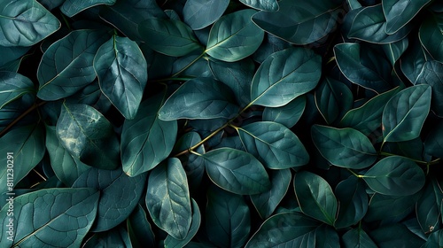 Close up photo of dark green leaves in a flat lay photography style