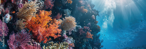 An underwater view showcasing a vibrant and diverse coral reef teeming with colorful marine life