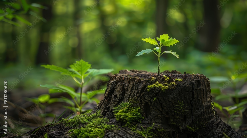 Inspirational scene of a small tree rising from an ancient stump, captured in a lush woodland setting, showcasing the power of regeneration Inspirational scene of a small tree rising from an ancient stump, captured in a lush woodland setting, showcasing the power of regeneration
