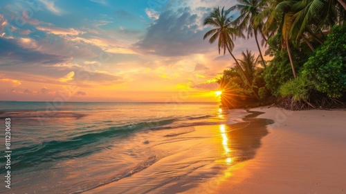 A beach with a sunset and palm trees in the background, AI
