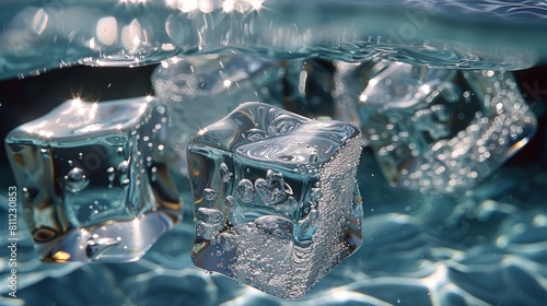 Ice cubes  Underwater. Generative AI.