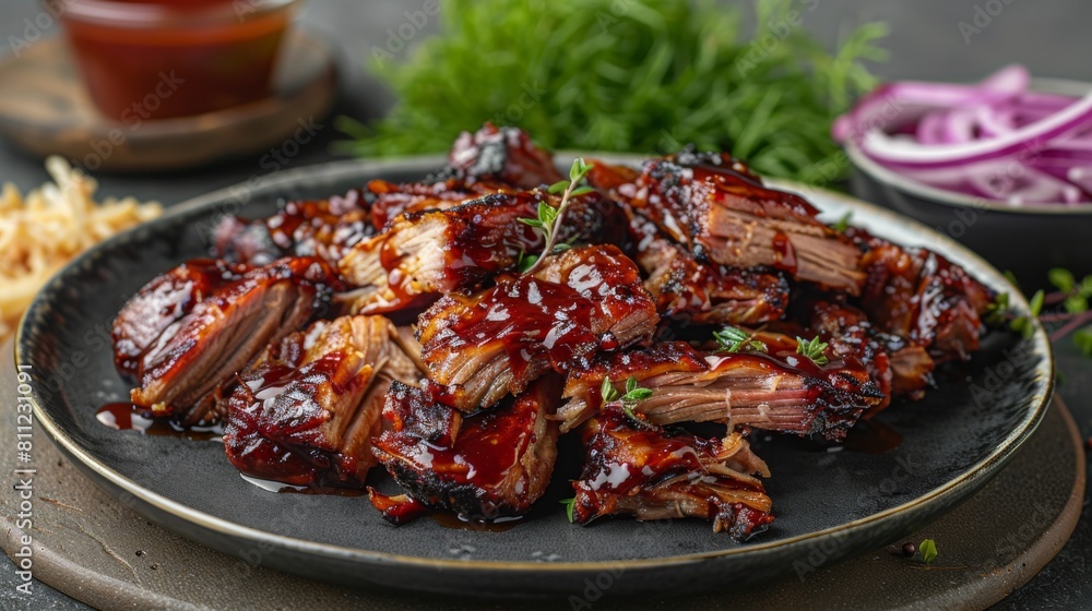 Showcase the smoky aroma and tender texture of a plate of barbecue pulled pork, featuring tender shredded pork in a Showcase the smoky aroma and tender texture of a plate of barbecue pulled pork, featuring tender shredded pork in a