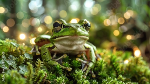 A frog rests atop a lush carpet of moss on the ground.