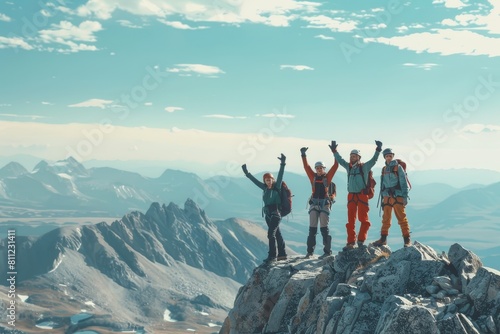 A group of people celebrating and standing on top of a mountain summit after a successful hike, A group of hikers celebrating reaching the summit of a mountain