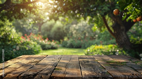 Experience the beauty of the outdoors with a wood table nestled amidst a blur green tree garden