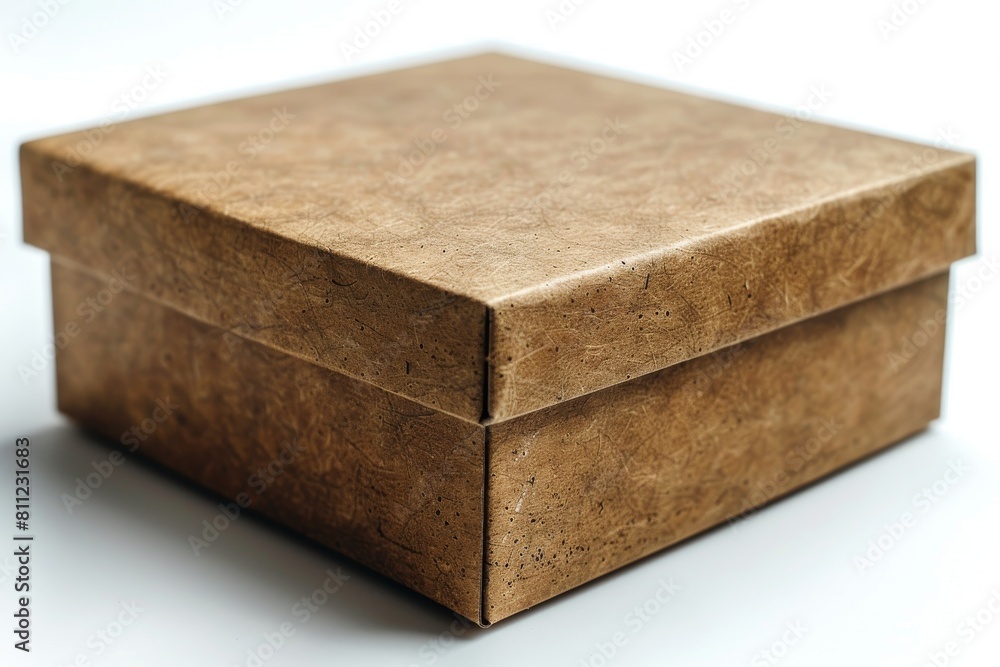 Simple square brown paper box against a white background, depicting the concept of minimalism and neatness Simple square brown paper box against a white background, depicting the concept of minimalism and neatness