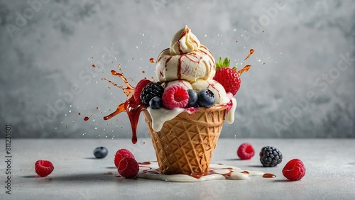 Irresistible Vanilla Cone Ice Cream with Strawberry. Created with generative AI technology.