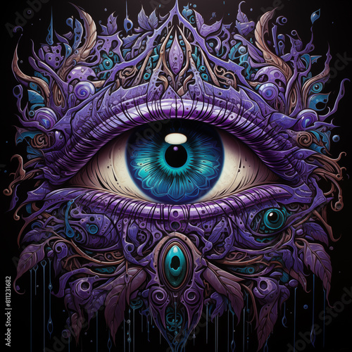 purple and blue eye with ornate pattern on black background