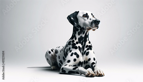 A Dalmatian dog lying down against a plain white background. The dog is depicted in a relaxed position © Tanicsean