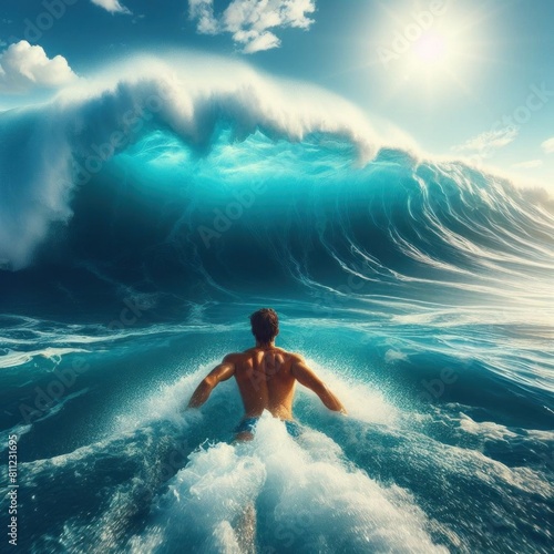 A surfer swims toward a huge wave. Concept of summer.