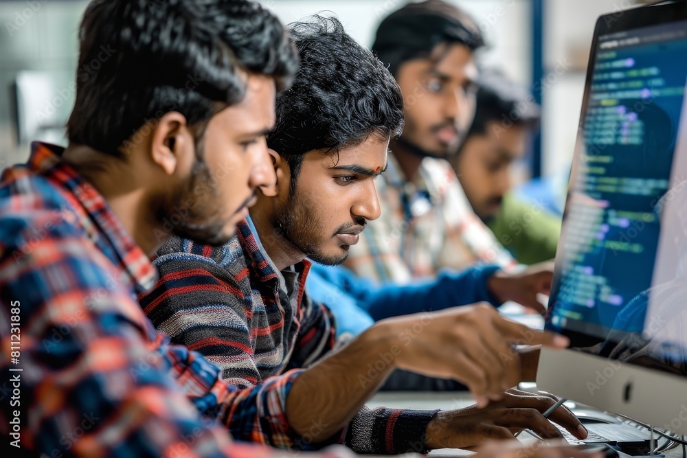 Group of Indian men sitting in front of a laptop, working together on software development projects, A group of Indian men collaborating on a software development project Group of Indian men sitting in front of a laptop, working together on software development projects, A group of Indian men collaborating on a software development project
